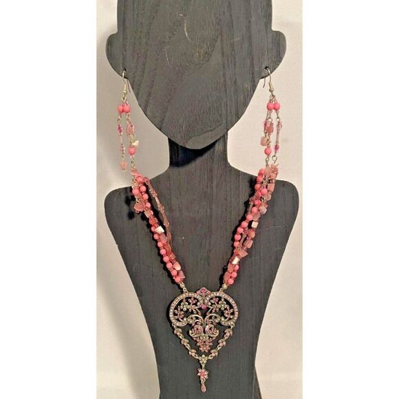 Necklace earrings set Beaded Rhinestone, Pink silvertone Heart - Picture 1 of 7